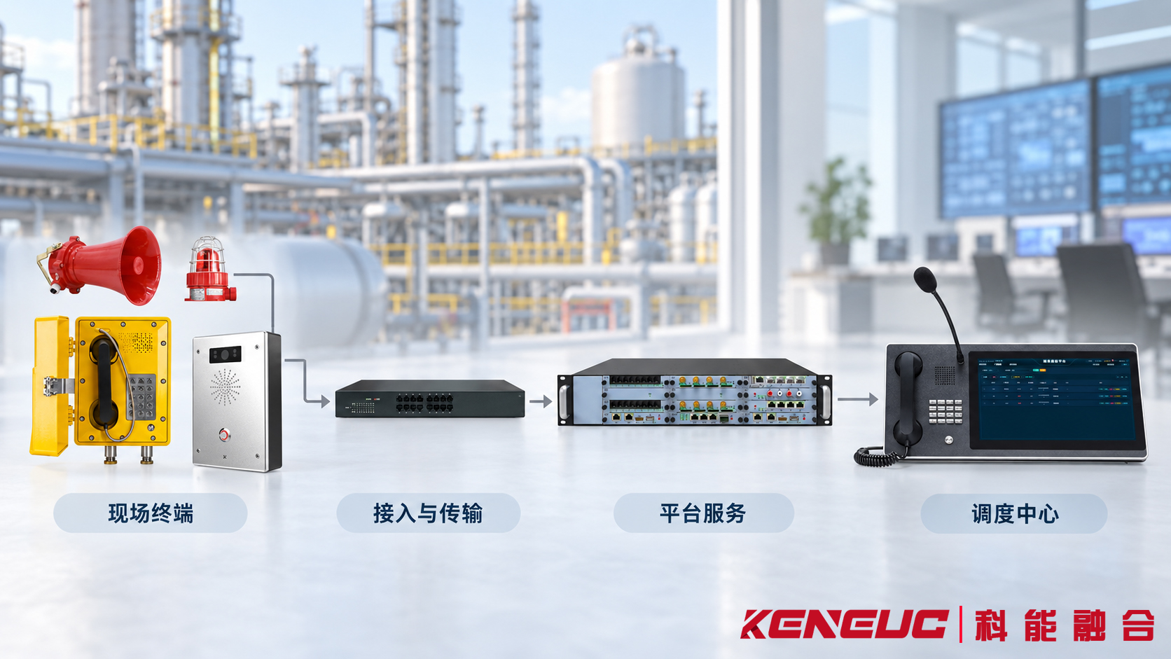 工业电话、语音网关、融合通信服务器和调度台组成的系统接入架构